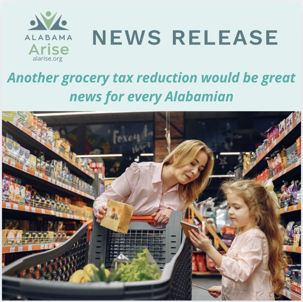 A woman pushes a grocery cart while her daughter stands next to her. Image text: "News release: Another grocery tax reduction would be great news for every Alabamian."