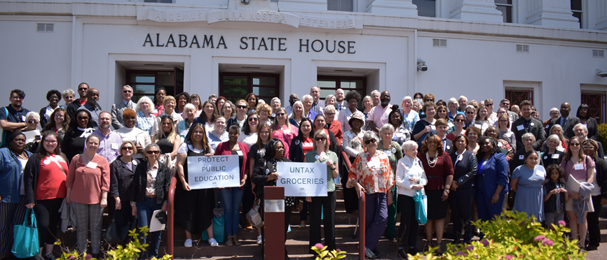 Crowd gathered in front of the Alabama State House.
