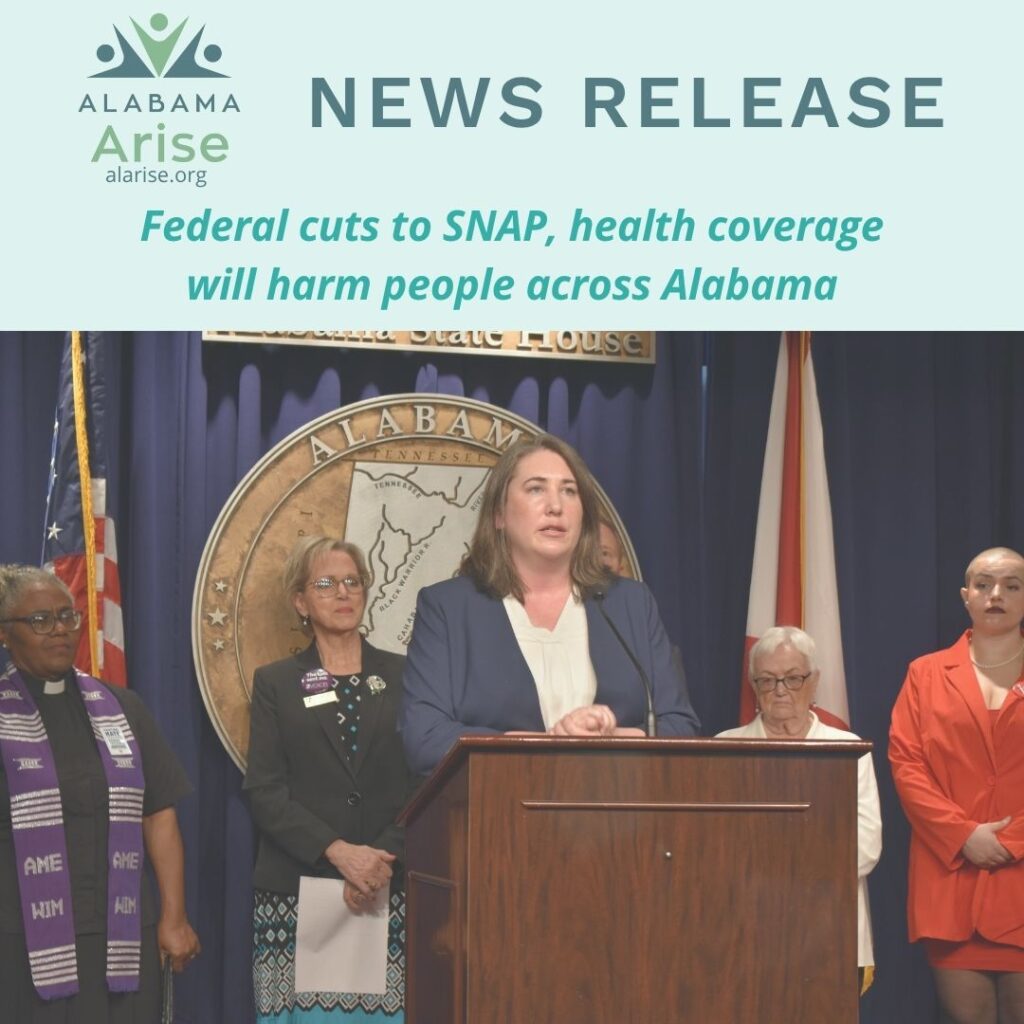 A woman speaks behind a lectern while advocates stand behind her. Headline: "Alabama Arise news release: Federal cuts to SNAP, health coverage will harm people across Alabama."
