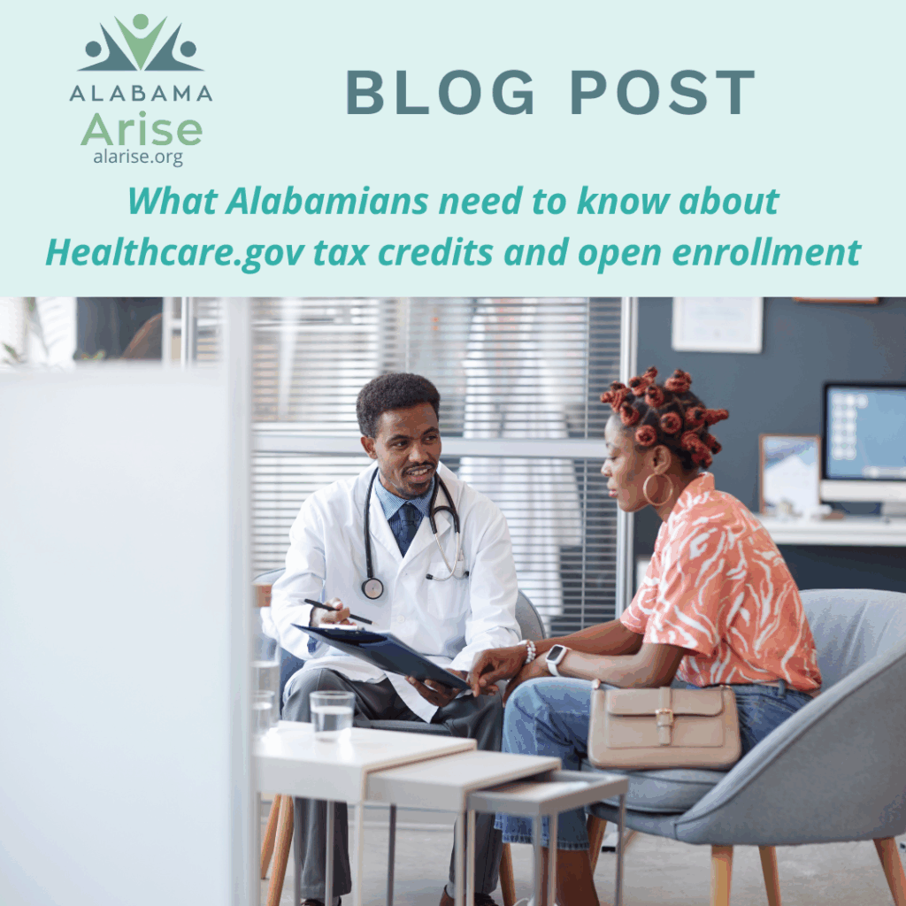 A smiling man wearing a white coat and holding a clipboard speaks with a woman wearing an orange blouse and blue jeans. Both are sitting in chairs. Text: "Alabama Arise blog post: What Alabamians need to know about Healthcare.gov tax credits and open enrollment."