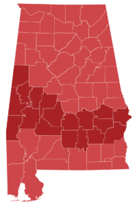 Map of Alabama counties with Black Belt counties highlighted.