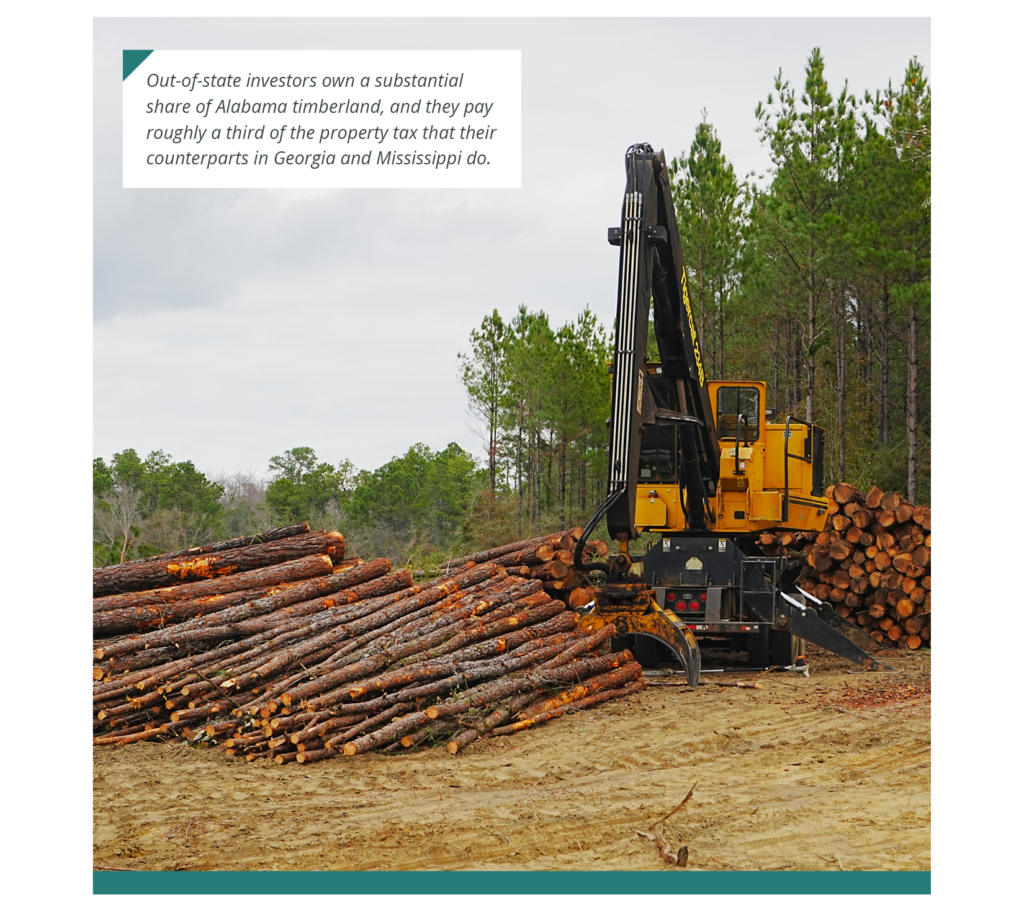 A knuckleboom loader sits between piles of logs. Caption: Out-of-state investors own a substantial share of Alabama timberland, and they pay roughly a third of the property tax that their counterparts in Georgia and Mississippi do.