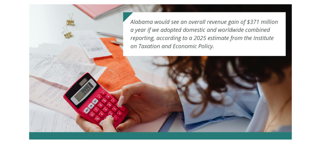 Image of a woman's hands holding a red calculator. Accompanying text: Alabama would see an overall revenue gain of $371 million a year if we adopted domestic and worldwide combined reporting, according to a 2025 estimate from the Institute on Taxation and Economic Policy.
