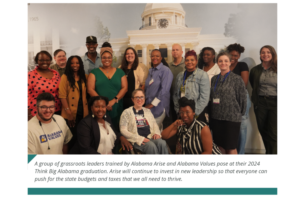A group of smiling people pose in front of an image of the Alabama State Capitol in the background. Accompanying text: A group of grassroots leaders trained by Alabama Arise and Alabama Values pose at their 2024 Think Big Alabama graduation. Arise will continue to invest in new leadership so that everyone can push for the state budgets and taxes that we all need to thrive.